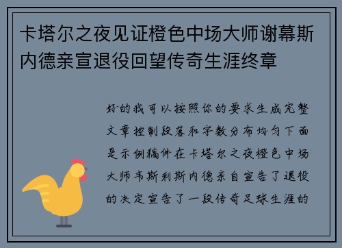 卡塔尔之夜见证橙色中场大师谢幕斯内德亲宣退役回望传奇生涯终章