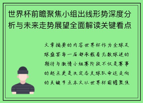 世界杯前瞻聚焦小组出线形势深度分析与未来走势展望全面解读关键看点